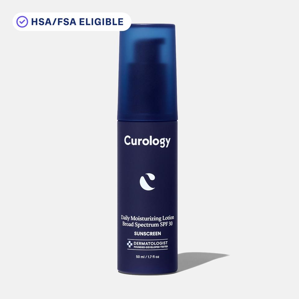 Curology Daily Moisturizing Lotion Sunscreen in a dark blue pump bottle, labeled ‘Broad Spectrum SPF 30,’ with an HSA/FSA eligible badge displayed above.