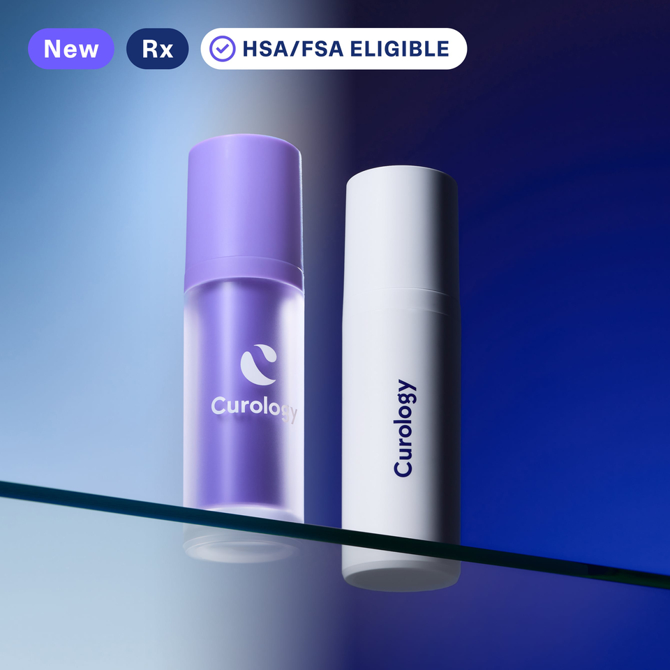 Curology DayPrimeᴿˣ and Custom Formulaᴿˣ personalized acne treatments sit atop a glass shelf