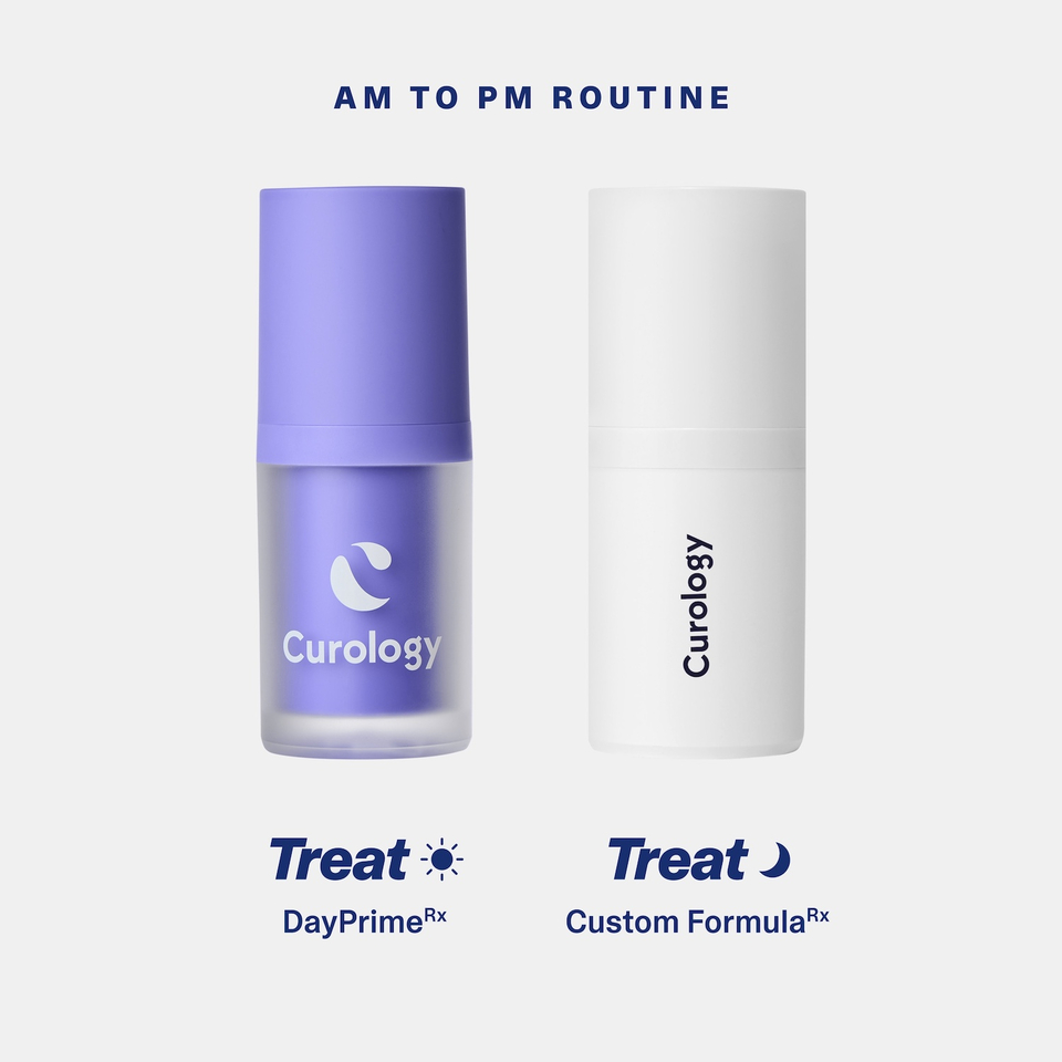 AM to PM: Routine graphic showing Curology DayPrime Rx for daytime treatment and Curology Custom Formula Rx for nighttime treatment