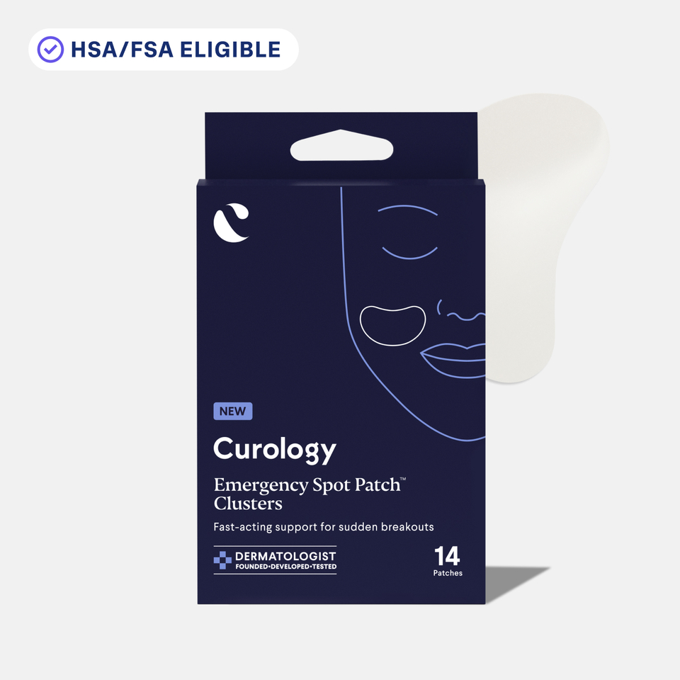 Curology Emergency Spot Patch Clusters packaging in dark blue with minimalist face illustration, labeled ‘Fast-acting support for sudden breakouts,’ showing large cluster-style hydrocolloid patches and an HSA/FSA eligible badge above.