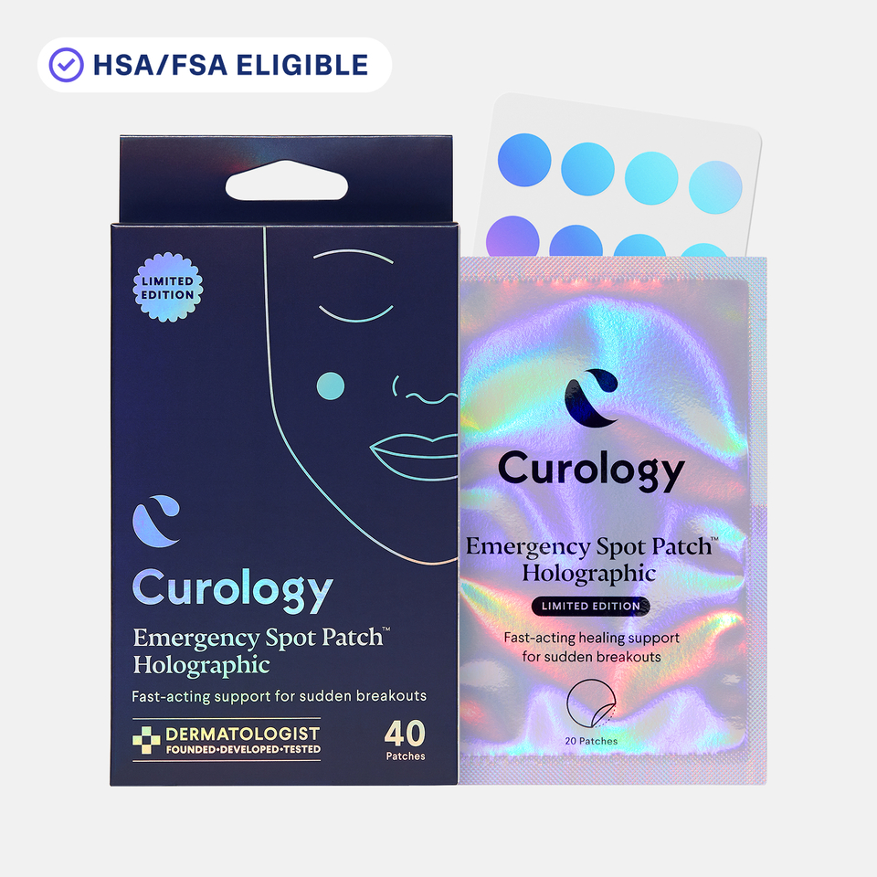 Curology Emergency Spot Patch ‘Holographic’ limited-edition packaging, showing a dark blue box and an iridescent pouch with holographic acne patches, labeled ‘Fast-acting support for sudden breakouts,’ with an HSA/FSA eligible badge above.”
