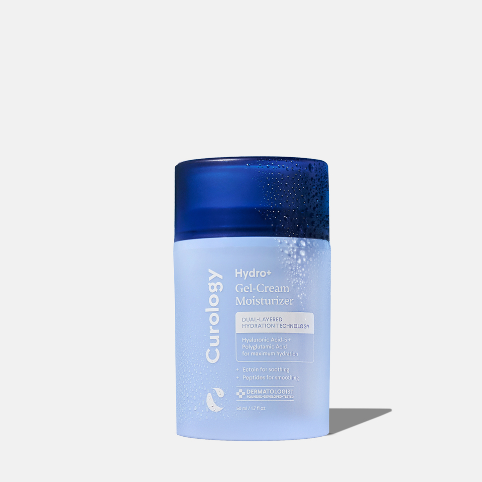 Curology Hydro+ Gel-Cream Moisturizer in a light blue jar with dark blue lid, featuring dual-layered hydration technology for lightweight, soothing moisture.
