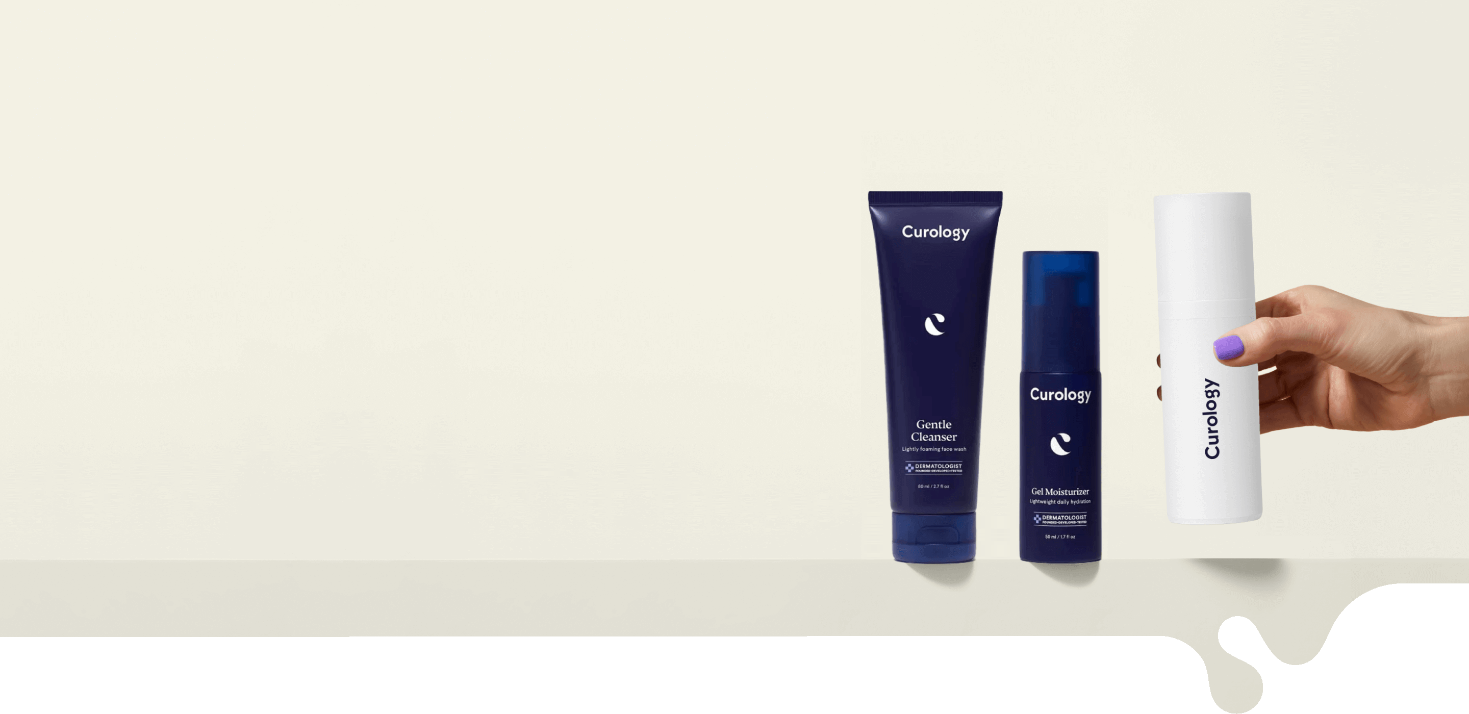 Four Curology products — Gentle Cleanser, Cream Moisturizer, Everyday Sunscreen (spf 30) and Emergency Spot Patches —  against a beige background